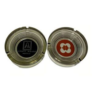 Vintage Hyatt House Hotels Glass Ashtrays Set Of 2 With Logos